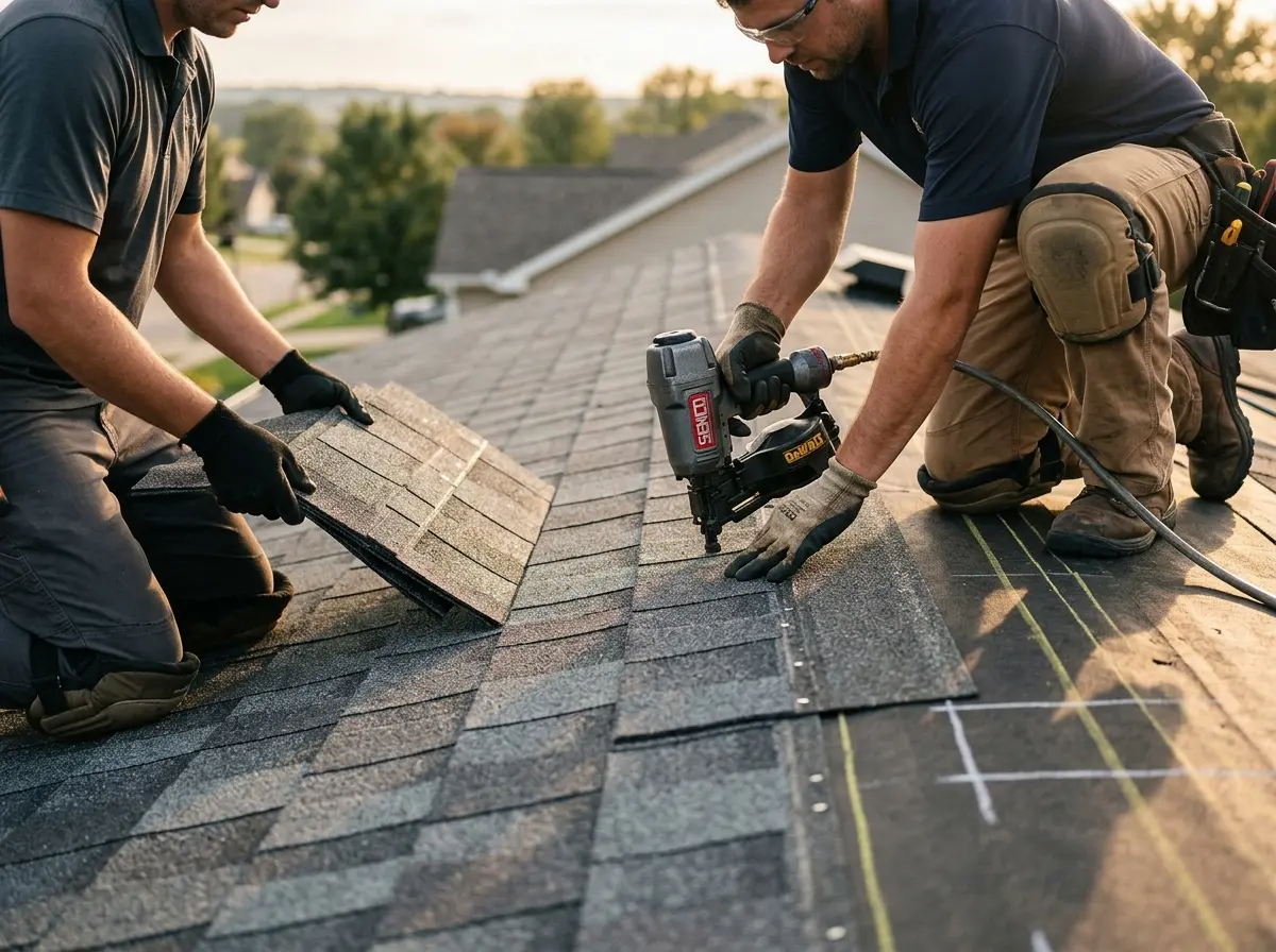 Professional roofer working on a residential roof in Clemson University